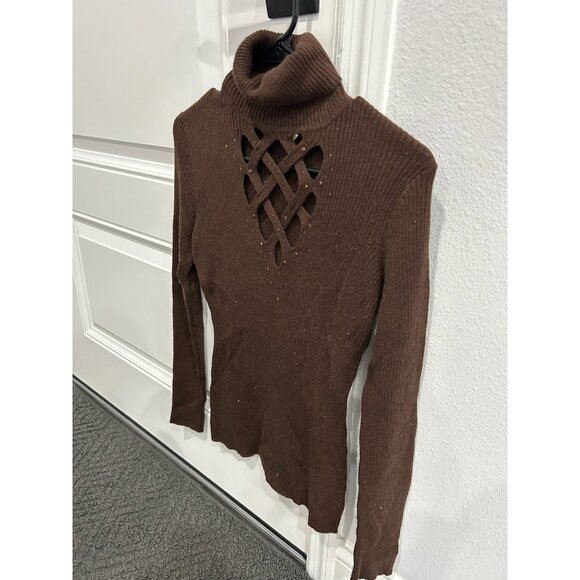 Cache Embellished Turtleneck Pullover Sweater Brown Sz Medium Cutout Ribbed Knit - Picture 3 of 9